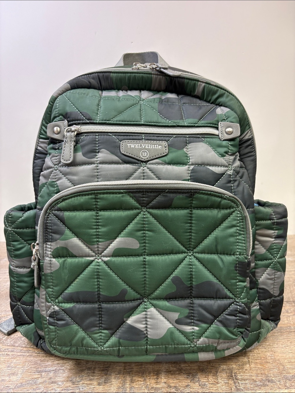 TWELVElittle Companion Backpack Diaper Bag Green Camo Quilted Changing Pad